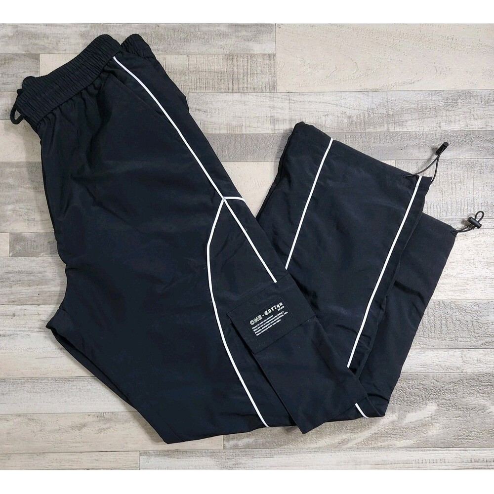 ONE-CO77qu Mens Black Cargo Jogger Pants Size XL White Piping Techwear Athletic